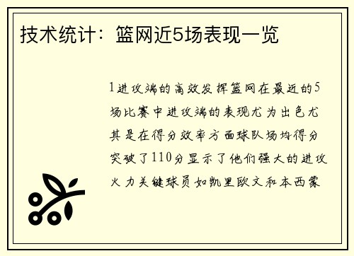 技术统计：篮网近5场表现一览