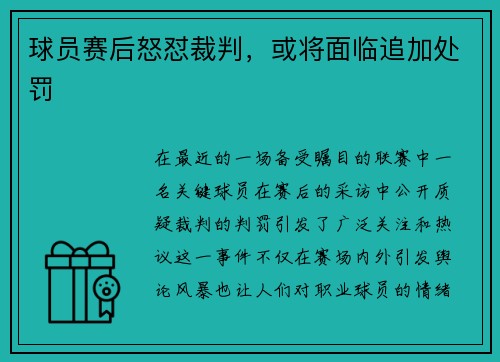 球员赛后怒怼裁判，或将面临追加处罚